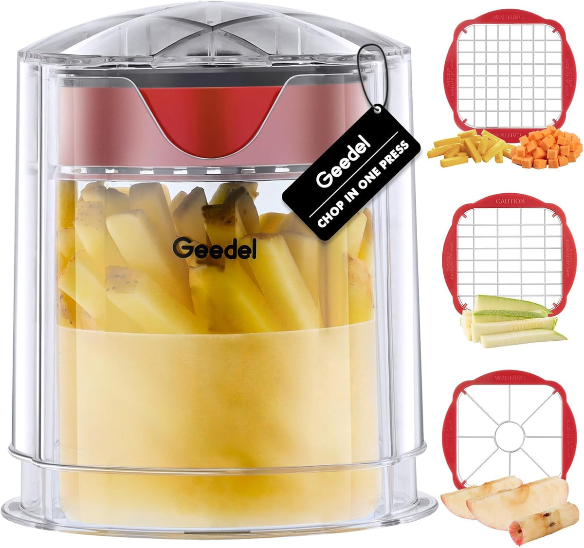 Geedel French Fry Cutter, Potato Cutter, Apple Slicer and Corer, 3 Blades | Finish in 5s, Ultra-sharp 420 Stainless Steel blade, Dishwasher Safe, No BPA, For Vegetable & Fruit, Cleaning Brush Included